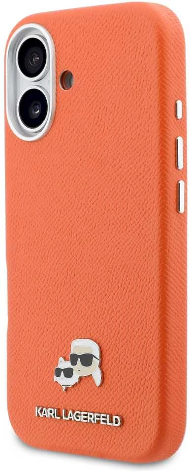 Karl Lagerfeld PU Karl and Choupette Heads Pins MagSafe dėklas skirtas Apple iPhone 17 Oranžinis