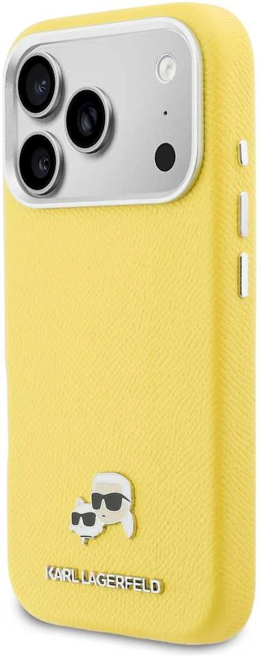Karl Lagerfeld PU Karl and Choupette Heads Pins MagSafe dėklas skirtas Apple iPhone 17 Pro Max Geltona