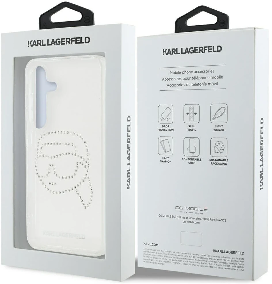 Dėklas Karl Lagerfeld Rhinestones Karl Head Logo Samsung Galaxy S25 skaidrus