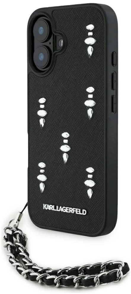 Dėklas Karl Lagerfeld Karlo Lagerfeldo Saffiano kristalai su grandinės iPhone 16 dėklu - Juodas