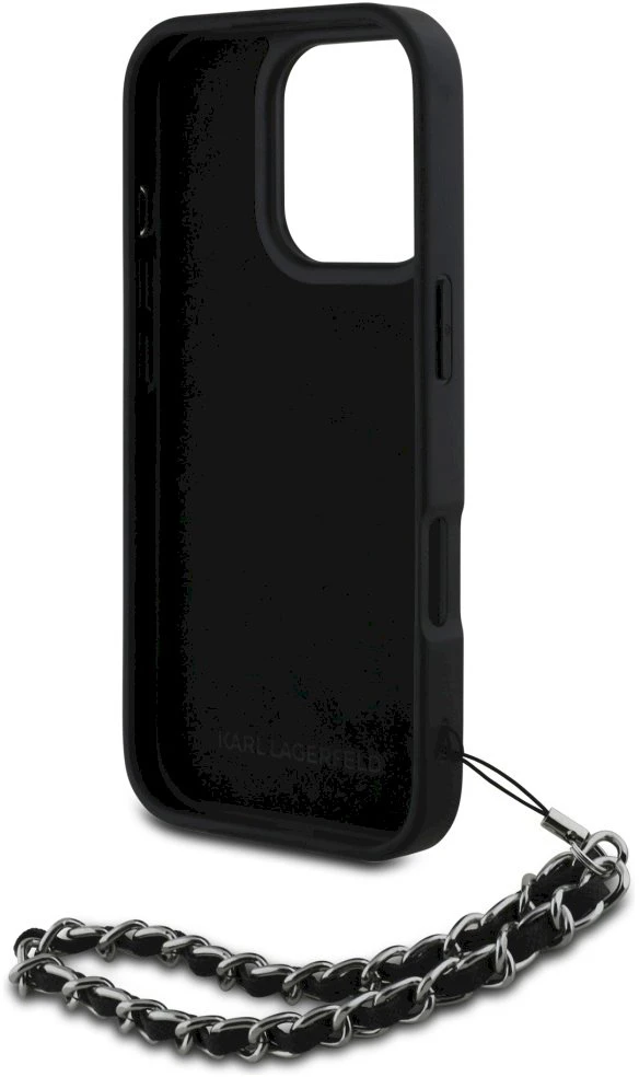 Dėklas Karl Lagerfeld Karlo Lagerfeldo Saffiano kristalai su grandininiu iPhone 16 Pro dėklu – Juodas