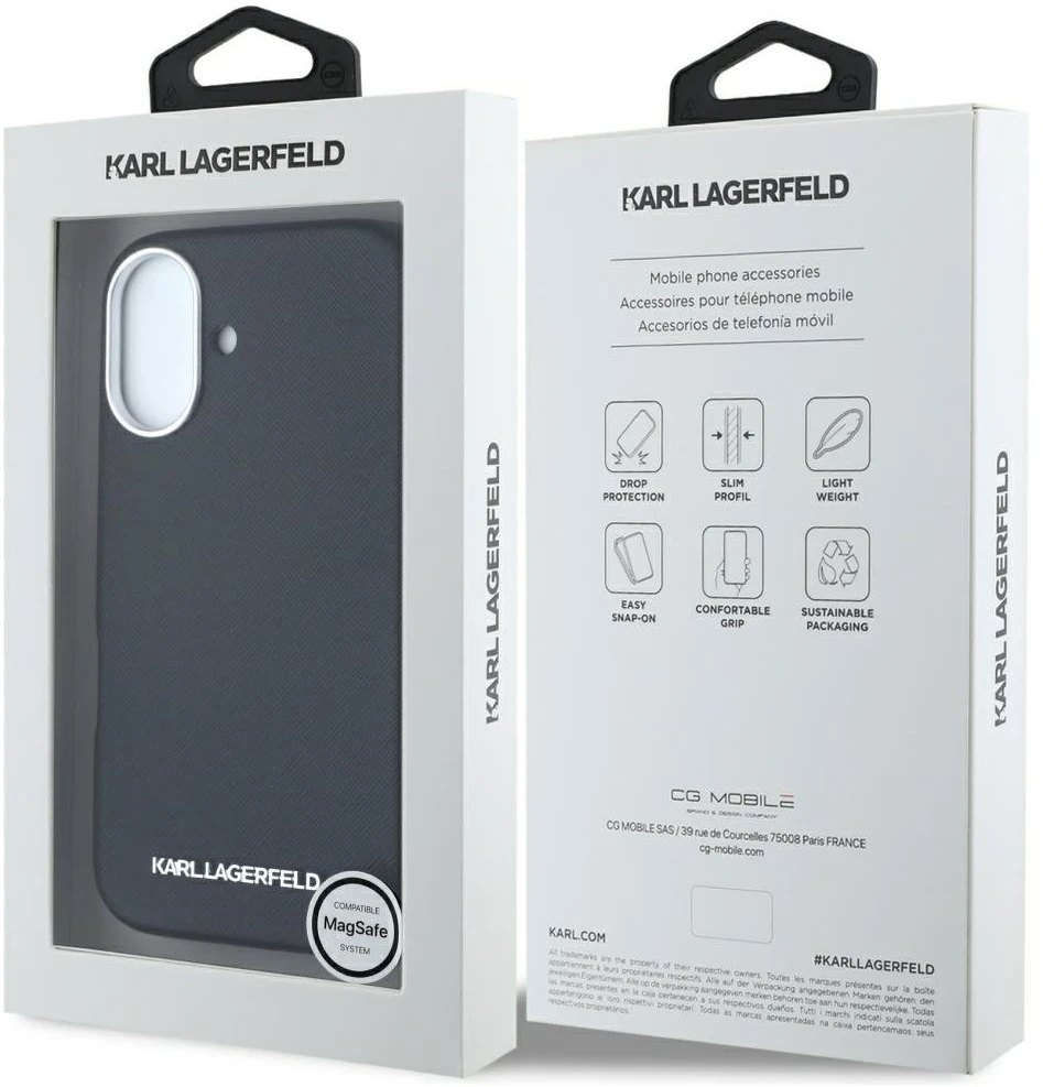 Dėklas Karl Lagerfeld Saffiano Full Wrapped Elongated Metal Logo MagSafe Apple iPhone 16 juodos spalvos