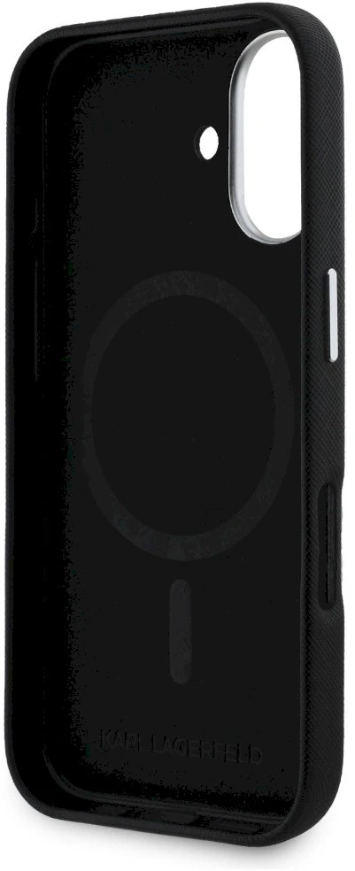 Dėklas Karl Lagerfeld Saffiano Full Wrapped Elongated Metal Logo MagSafe Apple iPhone 16 juodos spalvos