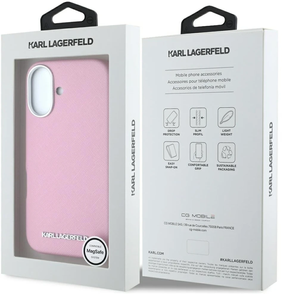 Dėklas Karl Lagerfeld Saffiano Full Wrapped Elongated Metal Logo MagSafe Apple iPhone 16 rožinės spalvos