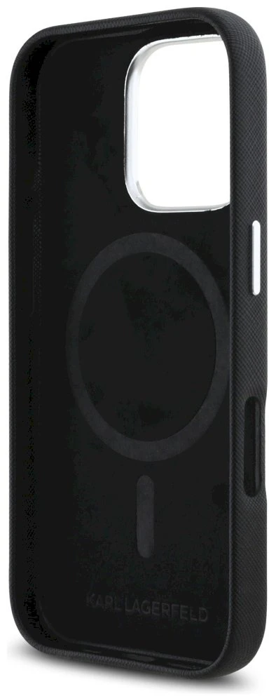 Dėklas Karl Lagerfeld Saffiano Full Wrapped Elongated Metal Logo MagSafe Apple iPhone 16 Pro Max juodos spalvos