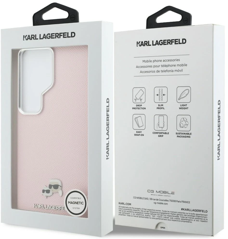 Karl Lagerfeld Grained PU Leather K&CH Heads Magnetic dėklas skirtas Samsung Galaxy S26 Ultra rožinės spalvos