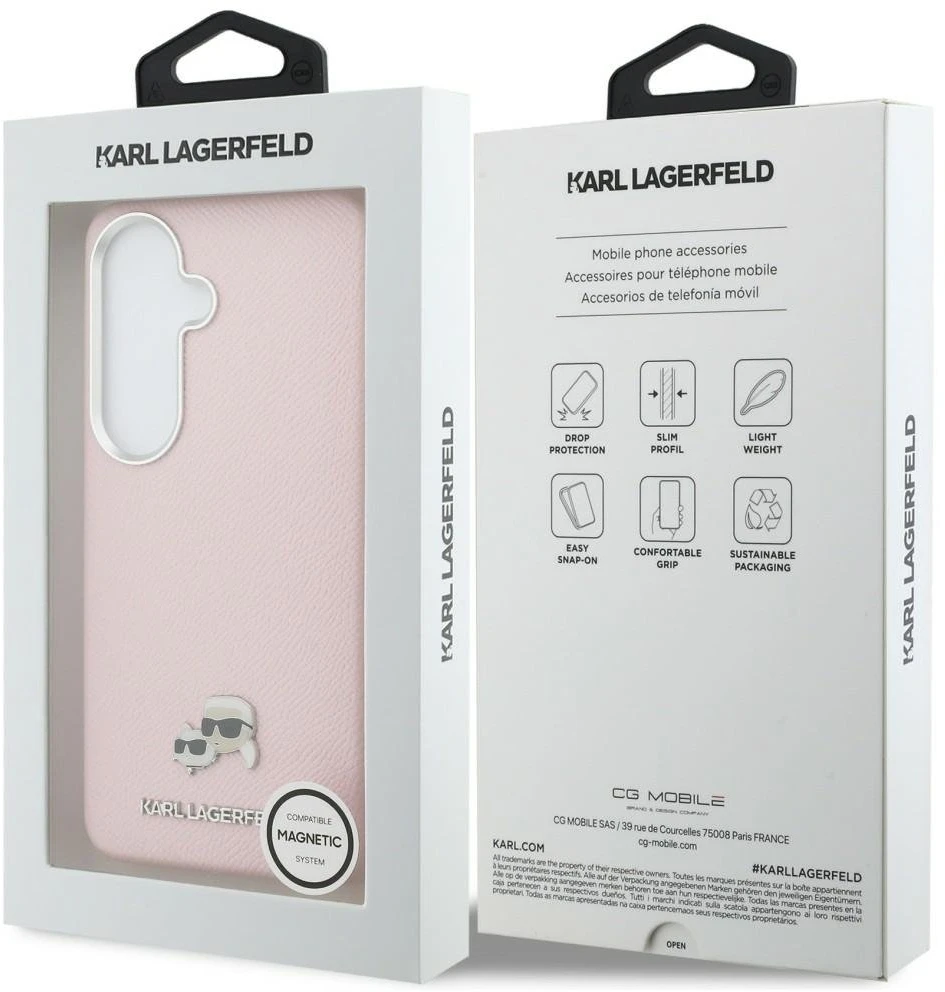 Karl Lagerfeld Grained PU Leather K&CH Heads Magnetic dėklas skirtas Samsung Galaxy S26+ rožinės spalvos