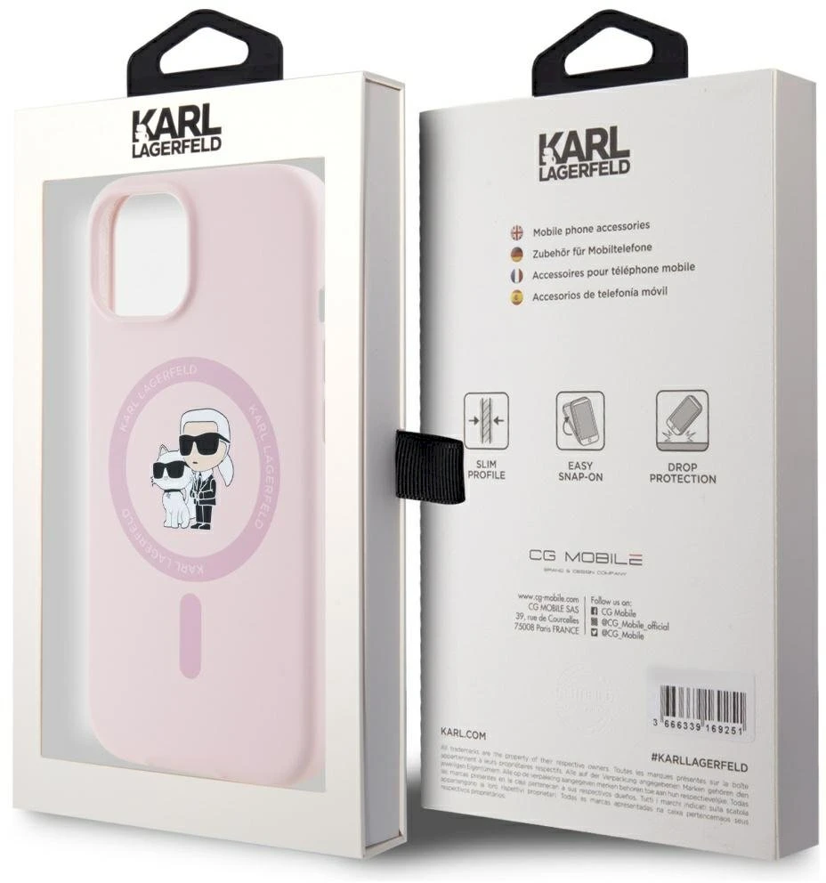 Dėklas Karl Lagerfeld Silicone Karl&Choupette MagSafe Apple iPhone 15 rožinės spalvos
