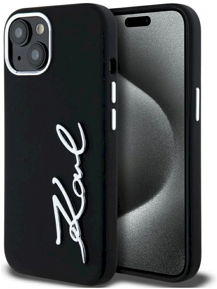 Dėklas Karl Lagerfeld Silicone Metal Script Logo iPhone 15 Case - Juodas