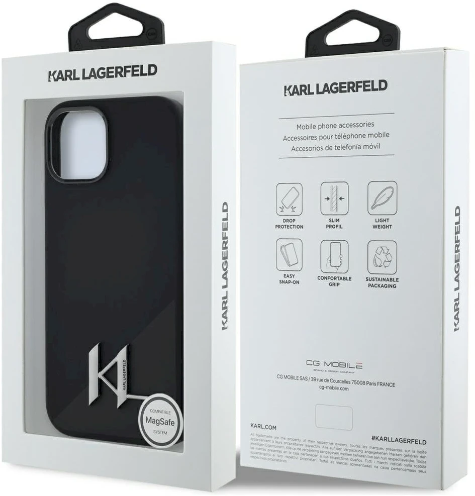 Dėklas Karl Lagerfeld Silicone Shadow Metal Initial MagSafe Apple iPhone 15 juodos spalvos