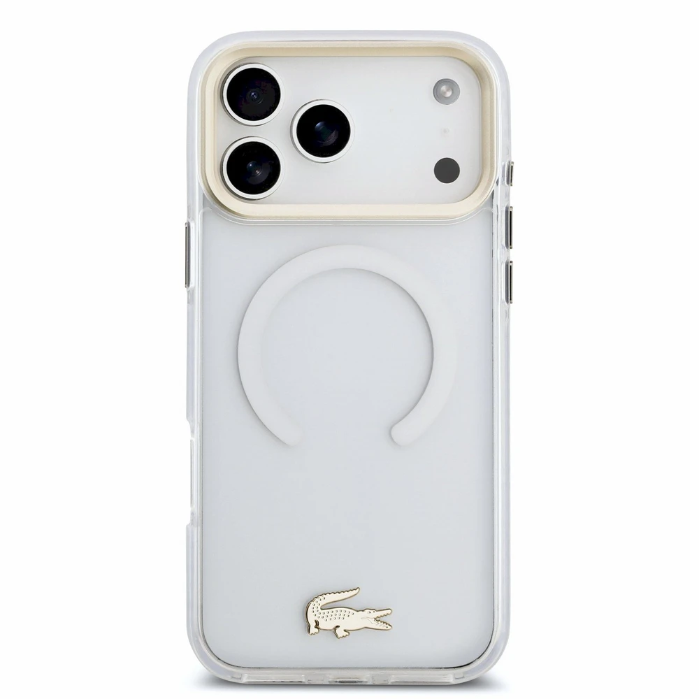 Lacoste IML Shockproof Petit Pique Gold Logo MagSafe dėklas skirtas iPhone 18 Pro Max skaidrus
