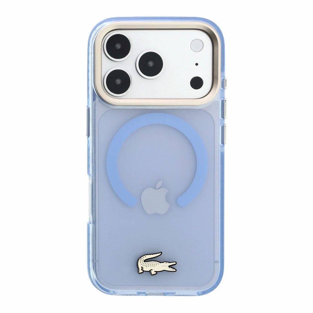 Lacoste IML Shockproof Petit Pique Gold Logo MagSafe dėklas skirtas iPhone 18 Pro Mėlyna