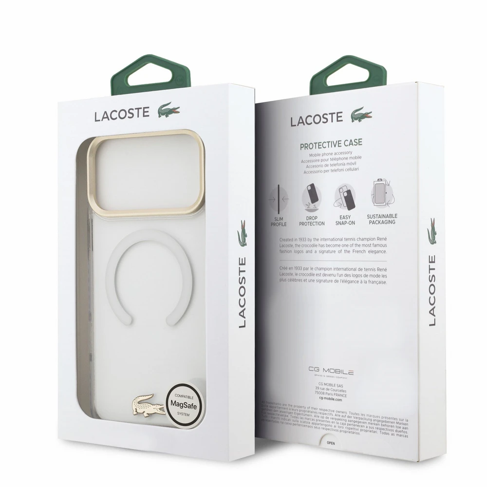 Lacoste IML Shockproof Petit Pique Gold Logo MagSafe dėklas skirtas iPhone 18 Pro Max skaidrus