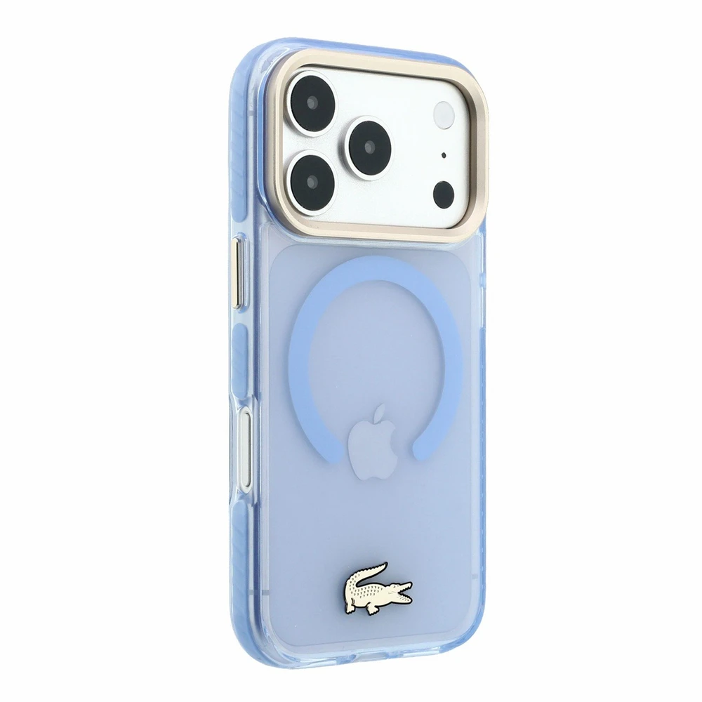 Lacoste IML Shockproof Petit Pique Gold Logo MagSafe dėklas skirtas iPhone 18 Pro Mėlyna
