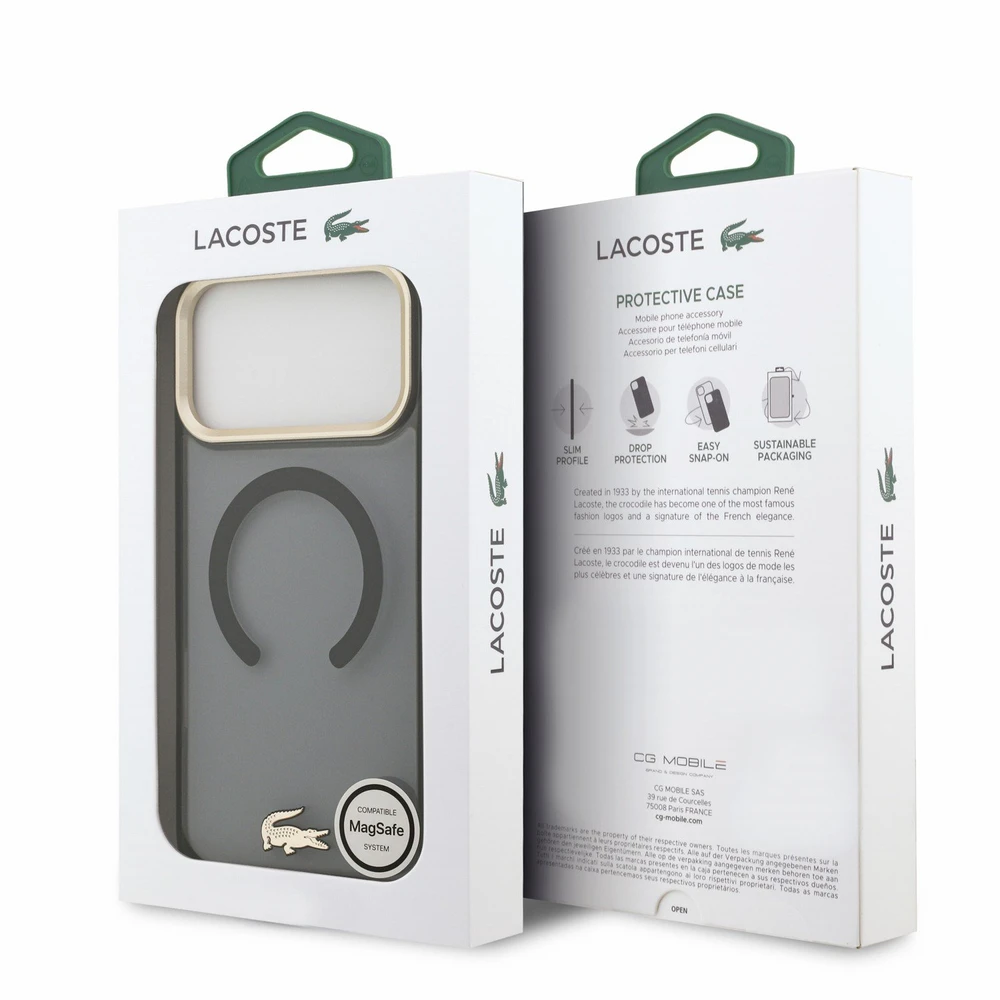 Lacoste IML Shockproof Petit Pique Gold Logo MagSafe dėklas skirtas iPhone 18 Pro Max juodos spalvos