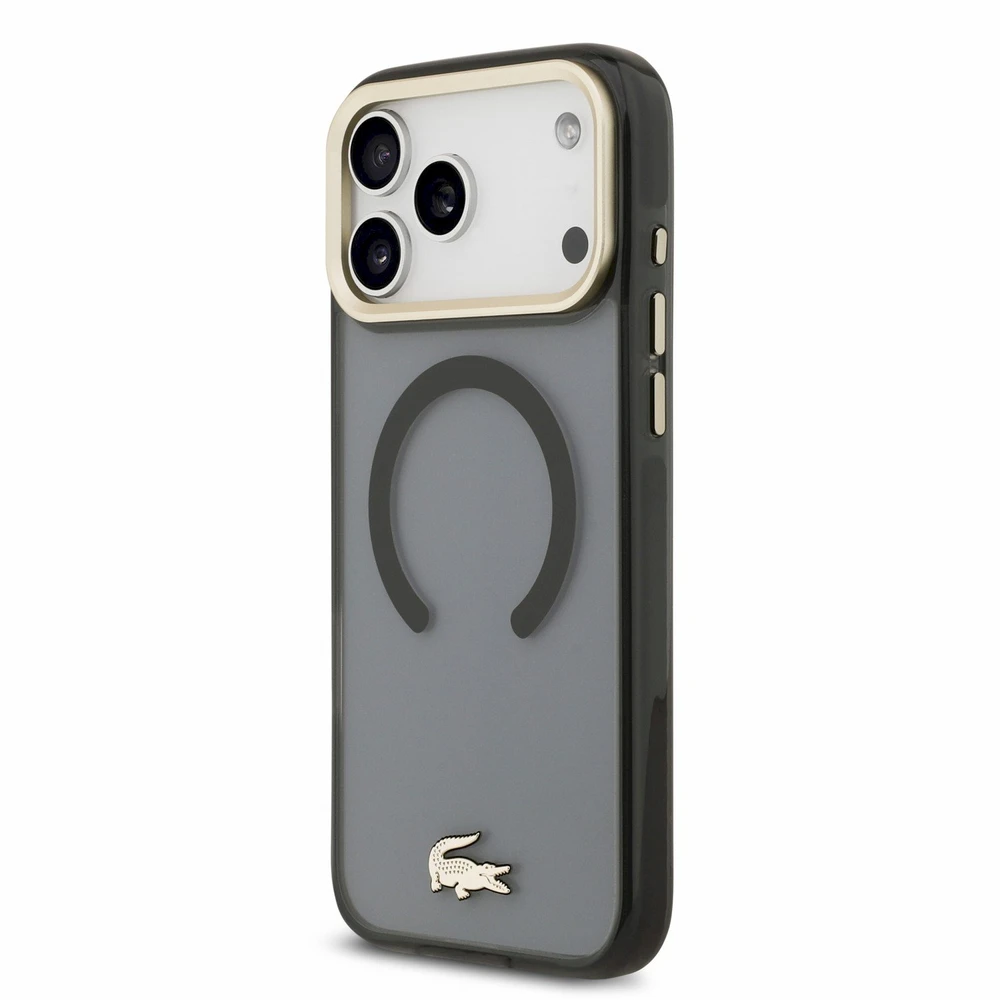 Lacoste IML Shockproof Petit Pique Gold Logo MagSafe dėklas skirtas iPhone 18 Pro Max juodos spalvos
