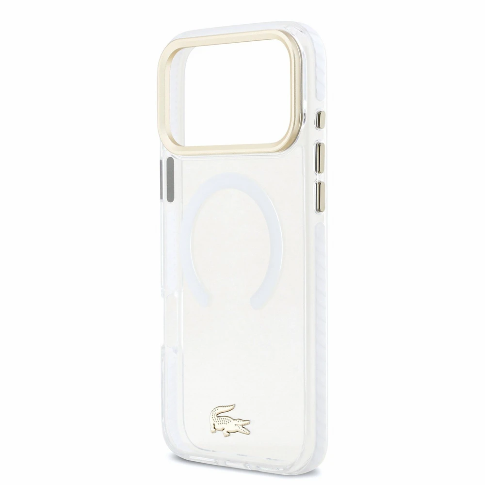 Lacoste IML Shockproof Petit Pique Gold Logo MagSafe dėklas skirtas iPhone 18 Pro Max skaidrus