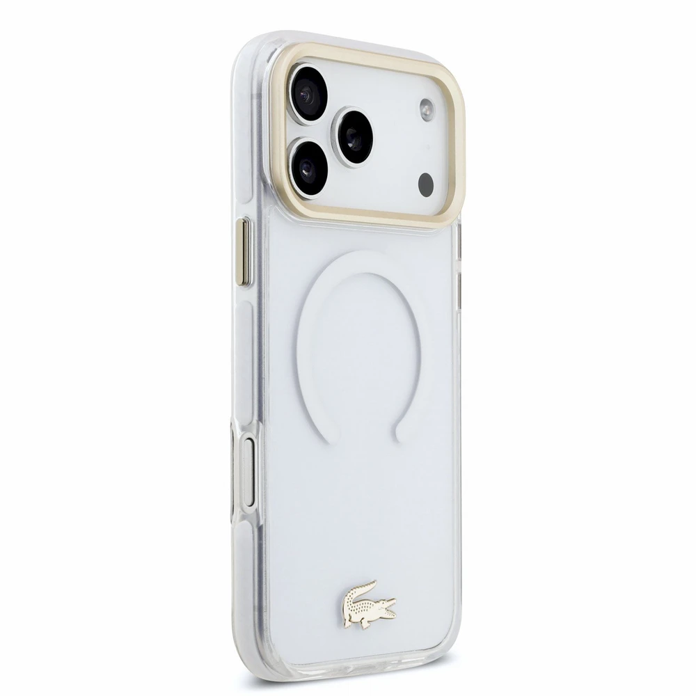 Lacoste IML Shockproof Petit Pique Gold Logo MagSafe dėklas skirtas iPhone 18 Pro Max skaidrus