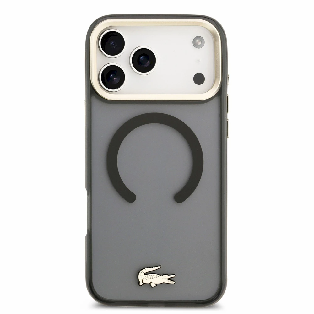 Lacoste IML Shockproof Petit Pique Gold Logo MagSafe dėklas skirtas iPhone 18 Pro Max juodos spalvos