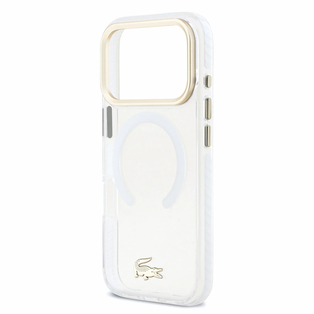 Lacoste IML smūgiams atsparus Petit Pique Gold Logo MagSafe dėklas, skirtas iPhone 18 Pro, skaidrus