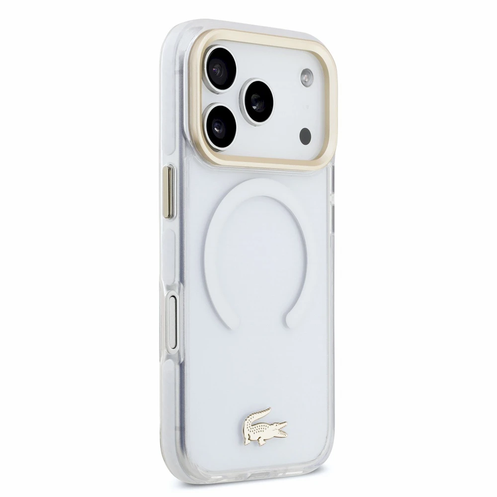 Lacoste IML smūgiams atsparus Petit Pique Gold Logo MagSafe dėklas, skirtas iPhone 18 Pro, skaidrus