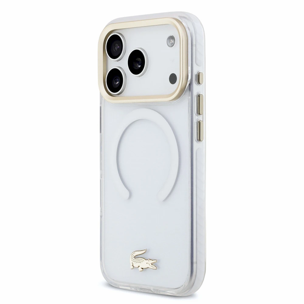 Lacoste IML smūgiams atsparus Petit Pique Gold Logo MagSafe dėklas, skirtas iPhone 18 Pro, skaidrus
