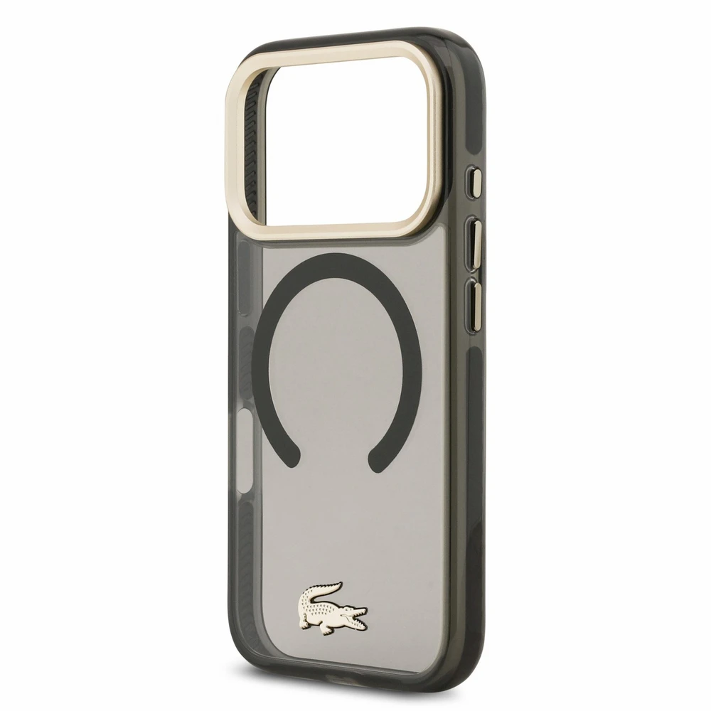 Lacoste IML Shockproof Petit Pique Gold Logo MagSafe dėklas skirtas iPhone 18 Pro juodos spalvos