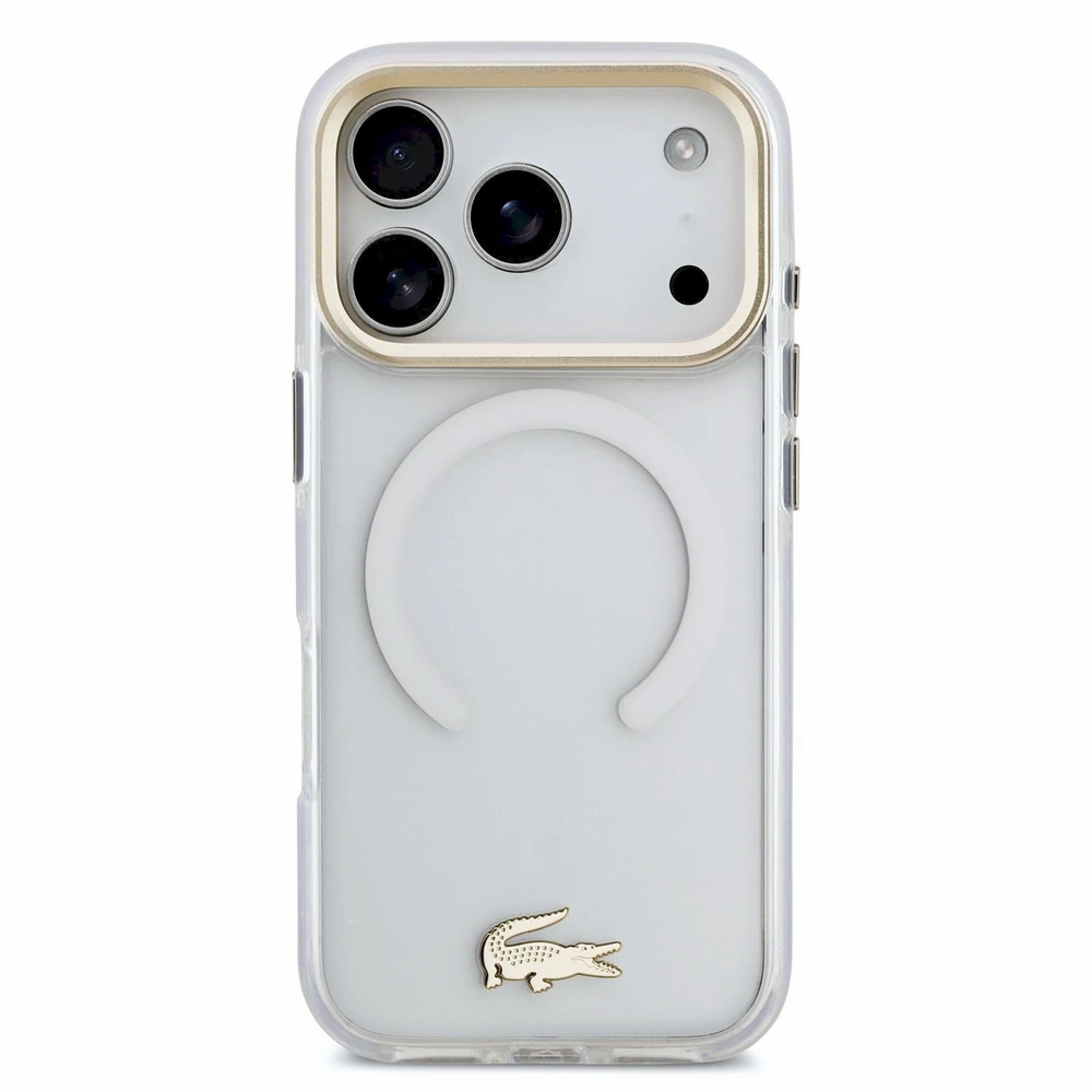 Lacoste IML smūgiams atsparus Petit Pique Gold Logo MagSafe dėklas, skirtas iPhone 18 Pro, skaidrus