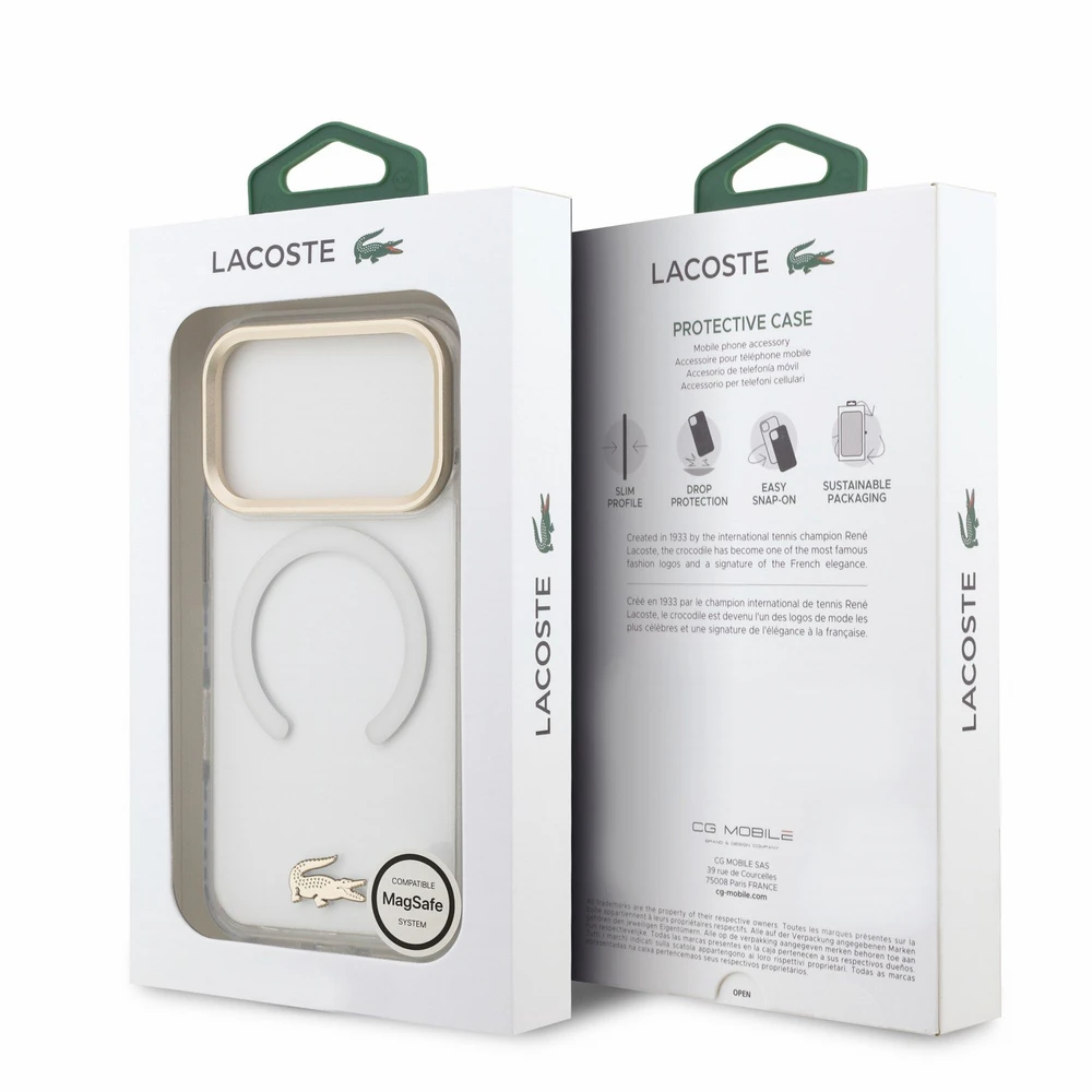 Lacoste IML smūgiams atsparus Petit Pique Gold Logo MagSafe dėklas, skirtas iPhone 18 Pro, skaidrus