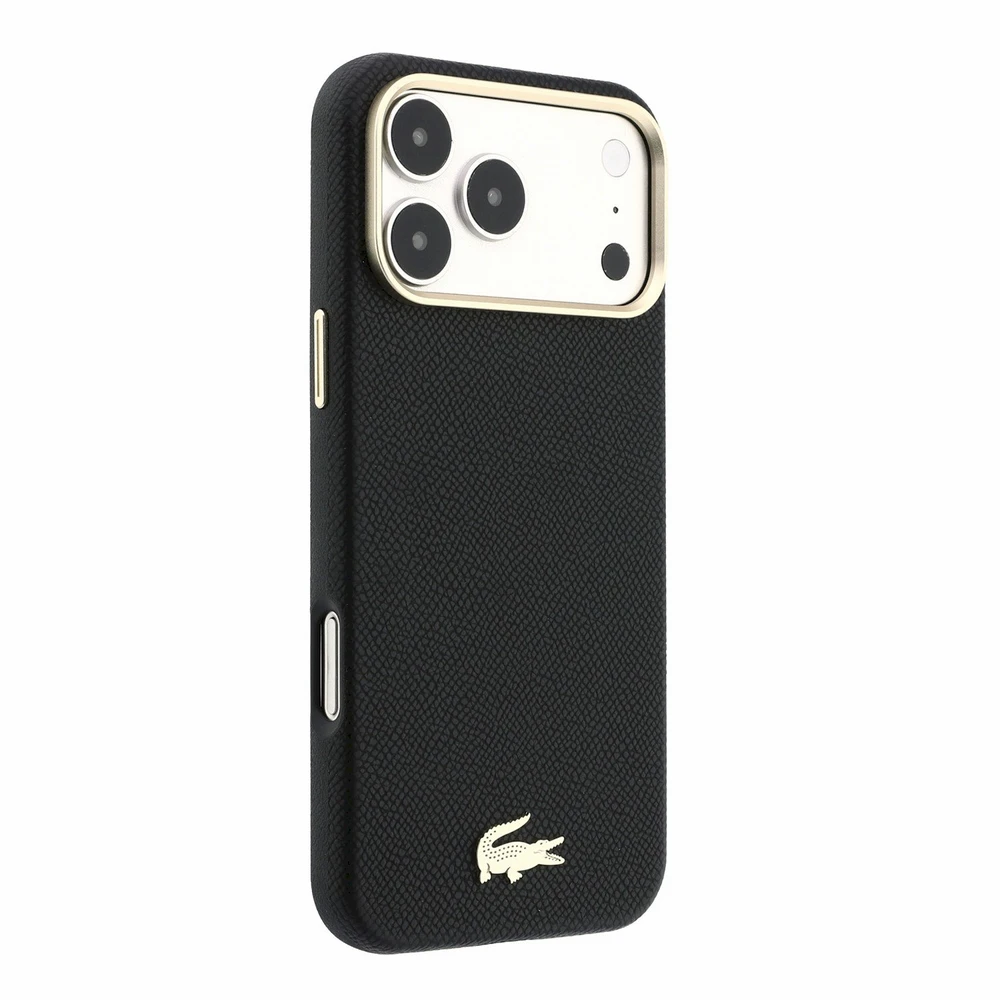 Lacoste PU oda Champs Elysees auksinis logotipas MagSafe dėklas, skirtas iPhone 18 Pro, juodos spalvos