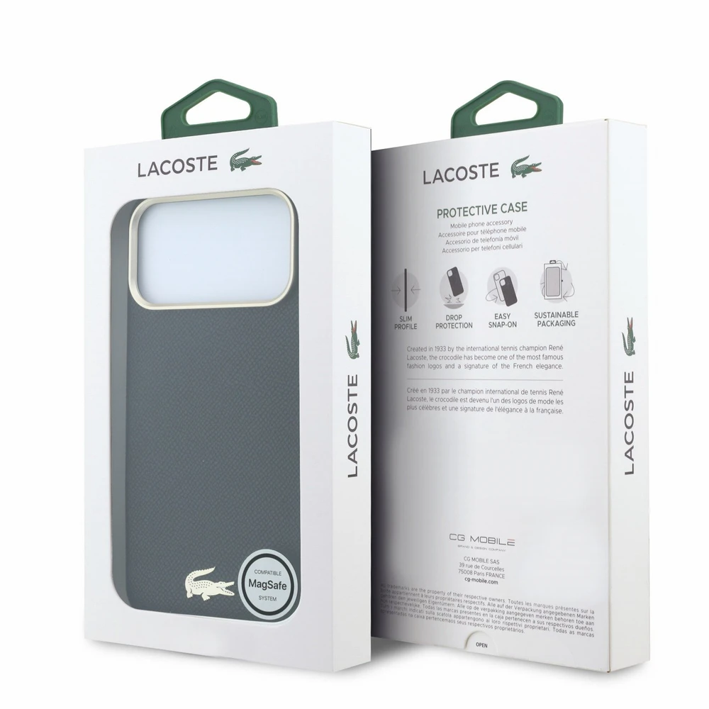 Lacoste PU oda Champs Elysees auksinis logotipas MagSafe dėklas, skirtas iPhone 18 Pro, juodos spalvos