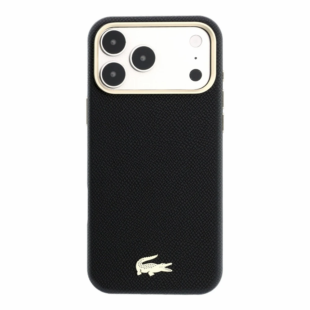 Lacoste PU oda Champs Elysees auksinis logotipas MagSafe dėklas, skirtas iPhone 18 Pro, juodos spalvos
