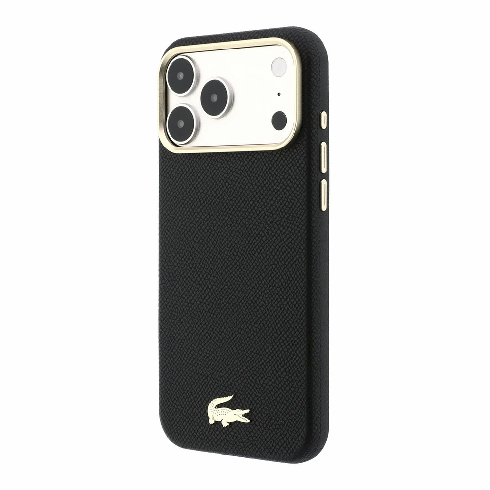 Lacoste PU oda Champs Elysees auksinis logotipas MagSafe dėklas, skirtas iPhone 18 Pro, juodos spalvos
