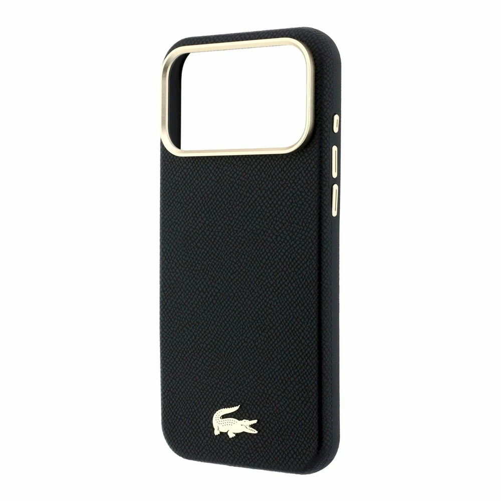 Lacoste PU oda Champs Elysees auksinis logotipas MagSafe dėklas, skirtas iPhone 18 Pro, juodos spalvos