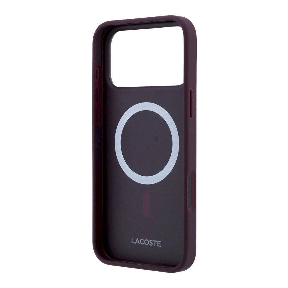 Lacoste PVC Iconic Petit Pique Metal Logo MagSafe dėklas skirtas iPhone 18 Pro Burgundy