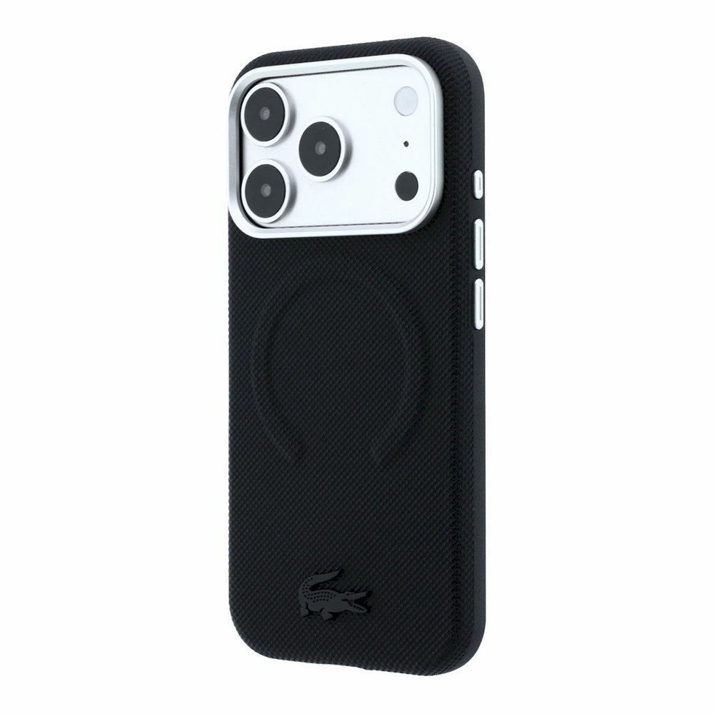 Lacoste PVC Petit Pique Semi Wrap Embossed MagSafe Dėklas skirtas iPhone 18 Pro Max juodos spalvos