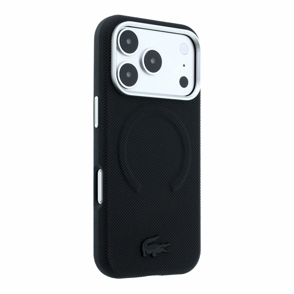 Lacoste PVC Petit Pique Semi Wrap Embossed MagSafe Dėklas skirtas iPhone 18 Pro Max juodos spalvos