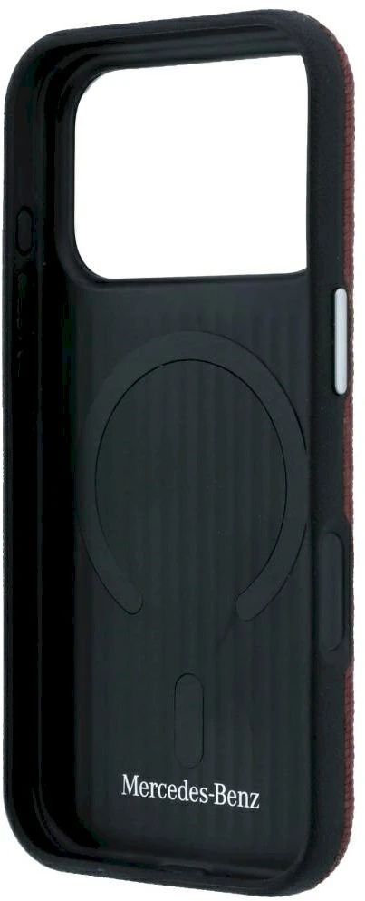 Dėklas Mercedes Leather Semi Wrap Wood Effect MagSafe, skirtas iPhone 18 Pro Max / 17 Pro Max, bordo spalvos