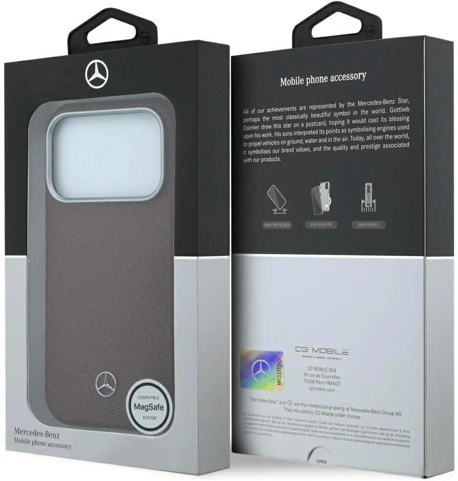 Dėklas Mercedes Leather Semi Wrap Wood Effect MagSafe, skirtas iPhone 18 Pro Max / 17 Pro Max, bordo spalvos