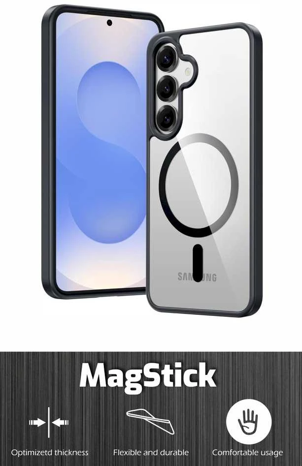 SWISSTEN skaidrus želė MagStick metalinis dėklas, skirtas Samsung Galaxy S26 PLUS 5G, juodas