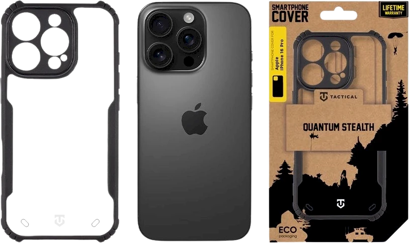 Tactical Quantum Stealth dėklas skirtas Apple iPhone 16 Pro skaidrus ir juodos spalvos