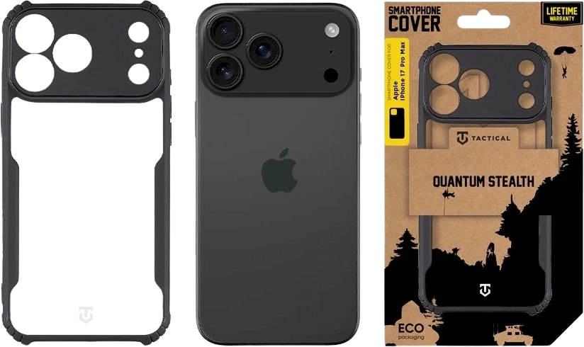 Tactical Quantum Stealth dėklas skirtas Apple iPhone 17 Pro Max skaidrus/juodos spalvos