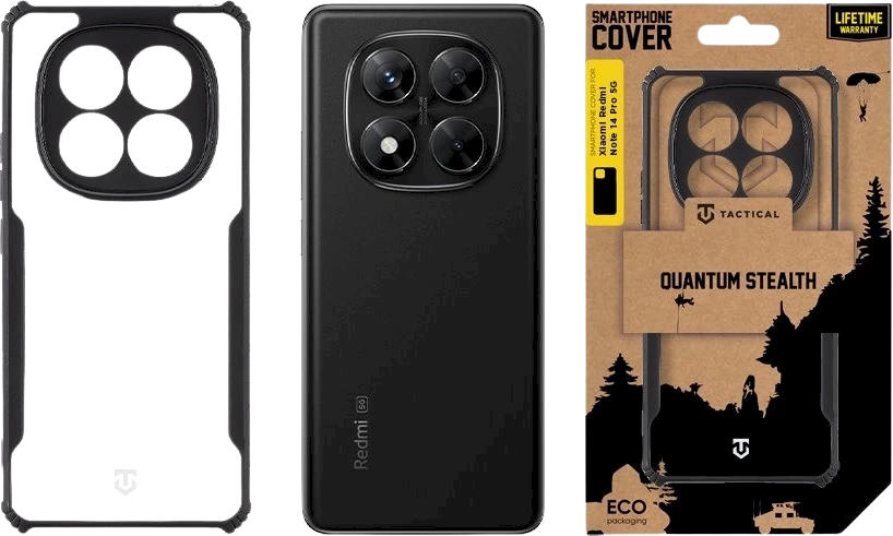 Tactical Quantum Stealth dėklas skirtas Xiaomi Redmi Note 14 Pro 5G skaidrus ir juodos spalvos
