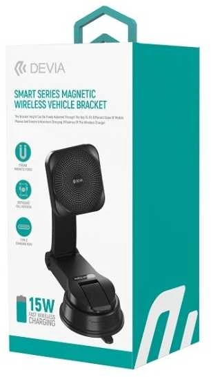 Devia automobilinis laikiklis magnetic EA473 with wireless inductive charger juodos spalvos 15W with suction cup