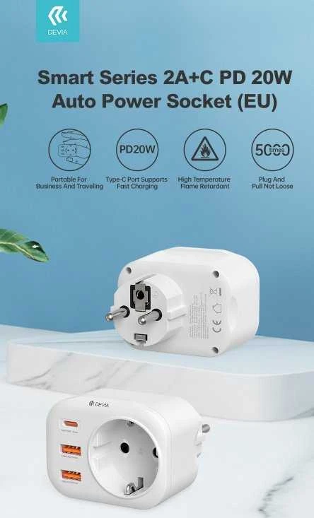 Devia maitinimo lizdo PD įkroviklis 20W 1x USB-C 2x USB 3A baltas