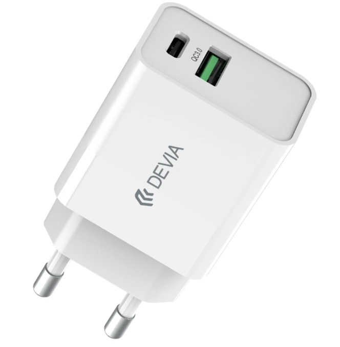 Devia laidinis įkroviklis Smart PD 25W 1x USB-C baltos spalvos + kabeliu USB-C - USB-C