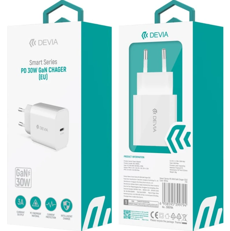 Devia sieninis įkroviklis Smart PD GaN 30W 1x USB-C baltas