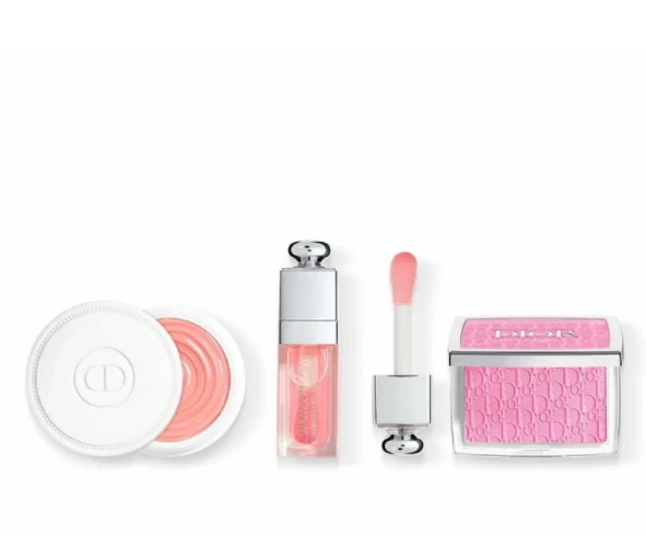 Natural Glow Ritual Set Christian Dior: Backstage Rosy Glow Blush Compact Powder 001 Rožinė 4.6 g + Addict Glossy Lip Oil 001 Rožinė, 6 ml + Abricot Fortifying Nail Kreminis Treatment, 8 g + Textile Makeup Bag Mėlyna
