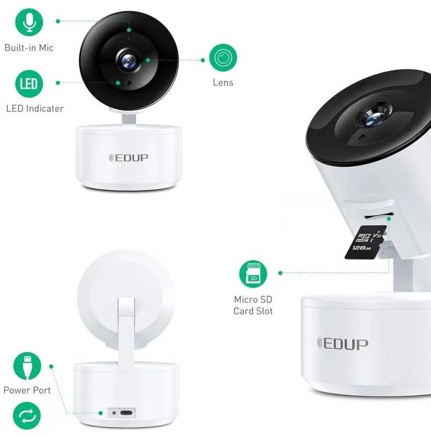 IP kamera „Reolink EDUP EH-2048P17 V2“ išmaniųjų namų IP kamera su „Wi-Fi“ / PTZ 350° / 2K H.264 / „Micro SD“ / garsu / IR WDR / USB-C