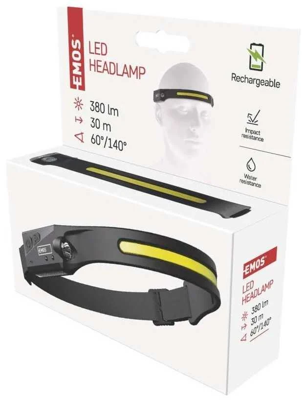 LED žibinuvėlis ant galvos įkraunamas, LED, šoninis 380lm, EMOS